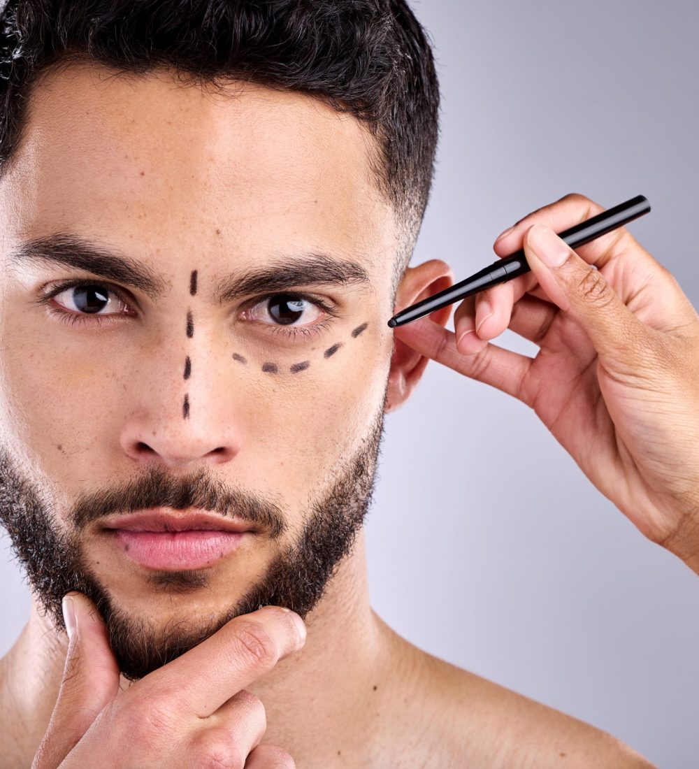 i-want-to-look-more-like-you-shot-of-a-man-with-c-2025-04-05-15-47-52-utc I want to look more like you. Shot of a man with cosmetic surgery markings on his face